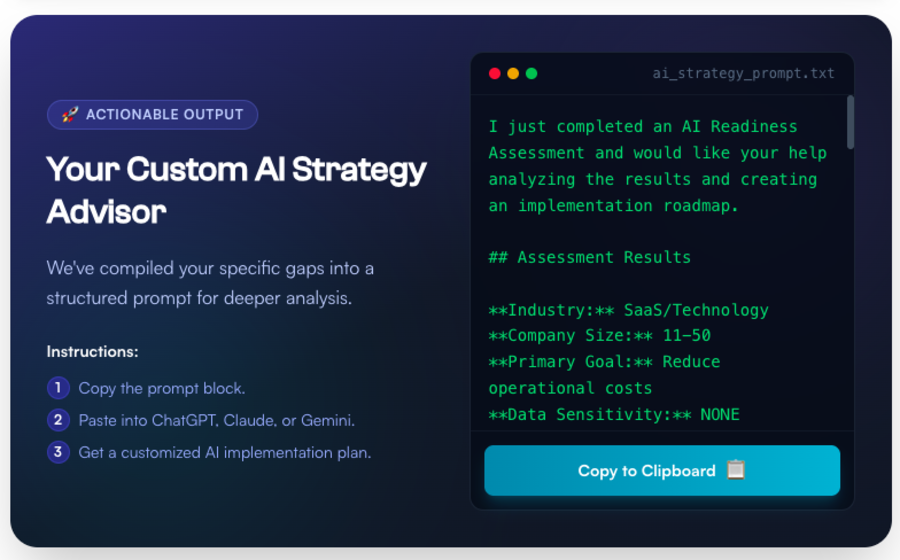 AI Readiness tool showing custom AI strategy advisor output
