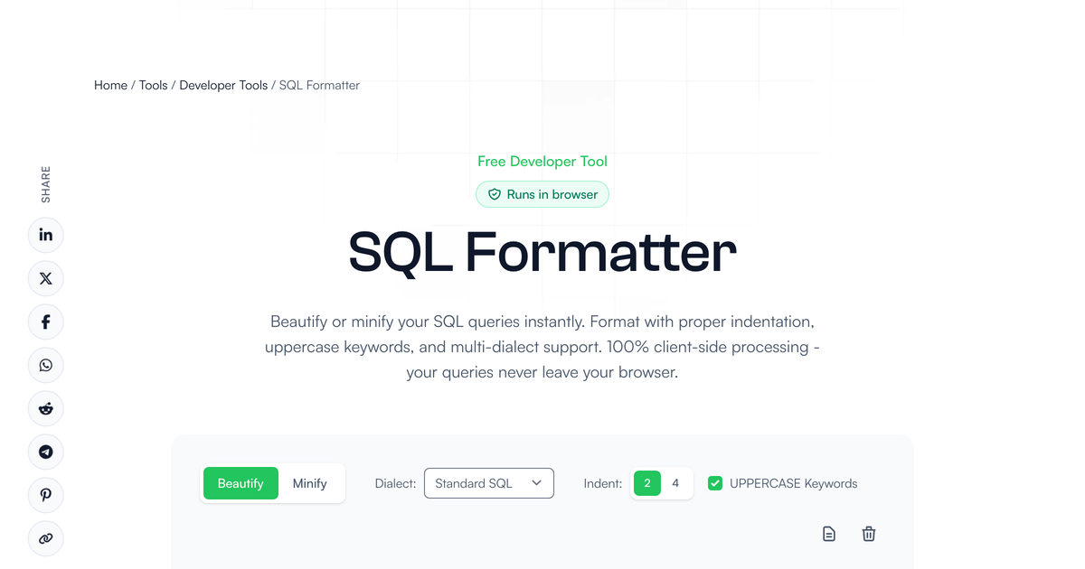 Free SQL Formatter - Beautify & Minify SQL Online | DigitalCoding